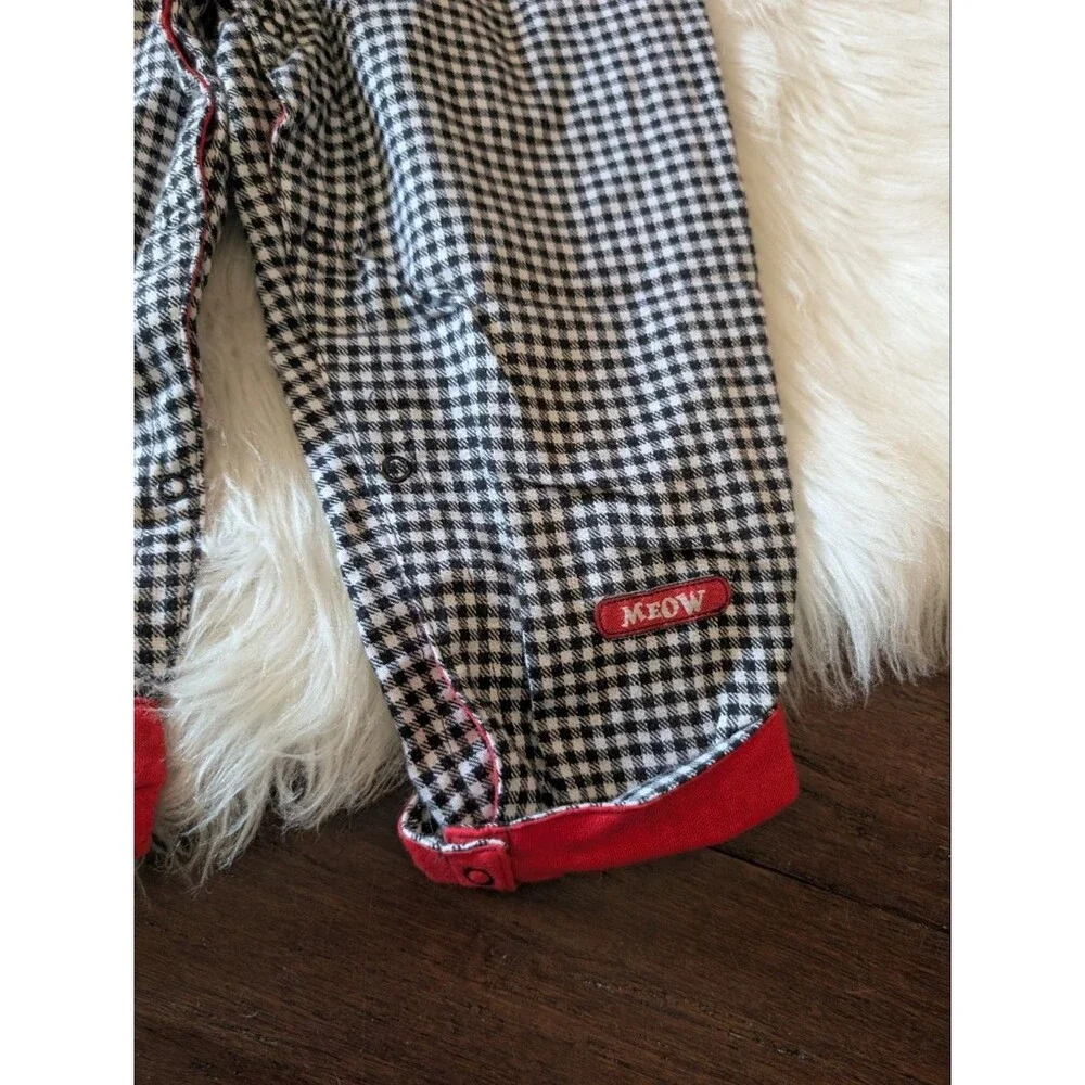 Vintage 90s 1990s Girls Jumper Overalls Cat Black White Check Plaid Ruffle 2T